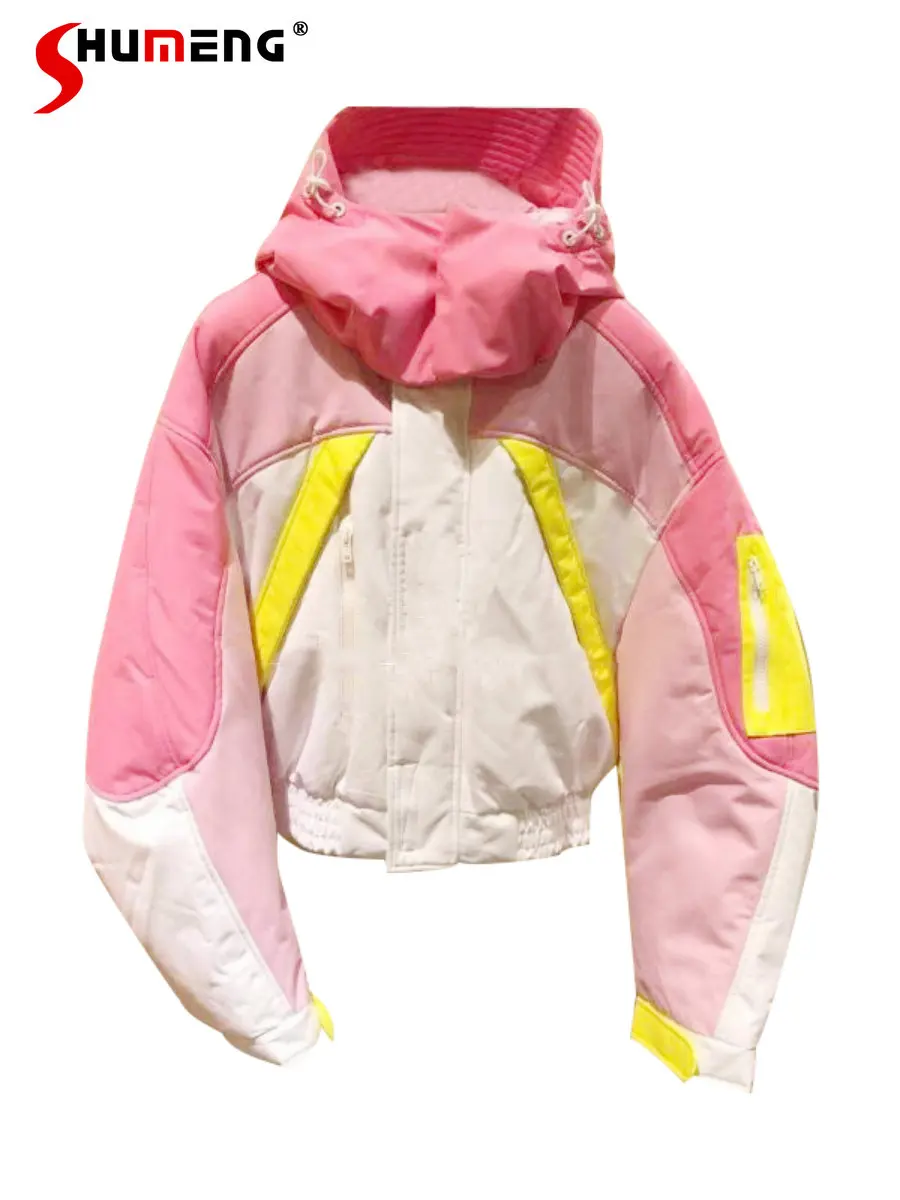 

Autumn Winter New Hooded Thickened Cotton Coat Women Loose Contrast Color Long Sleeve Short Cotton Jacket Female Parkas Casacos