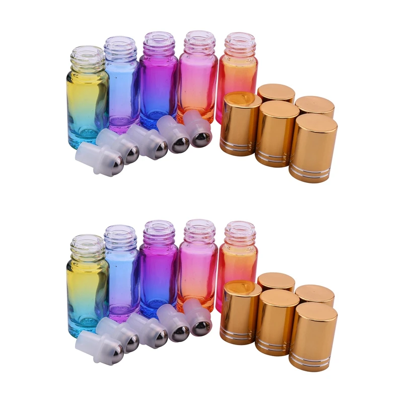 Gradient Ball Bottle 10Pcs 5Ml Thick Glass Roll On Essential Oil Empty Parfum Bottles 5 Colors Bottle With Gold Cover