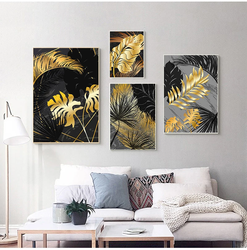 

Настенная картина с черными и золотыми листьями, постеры в скандинавском стиле с изображением растений и абстрактным рисунком для гостиной, современный декор