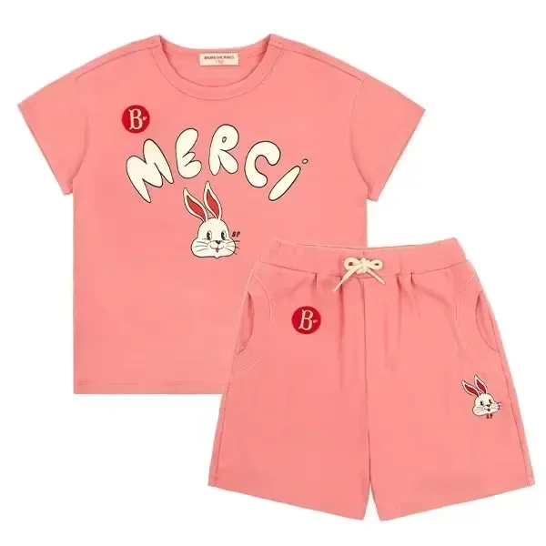 Фото Детский милый костюм 25 Korean BEBE, летний новый комплект из чистого хлопка для мальчиков и девочек, футболка и шорты, одежда для малышей №4