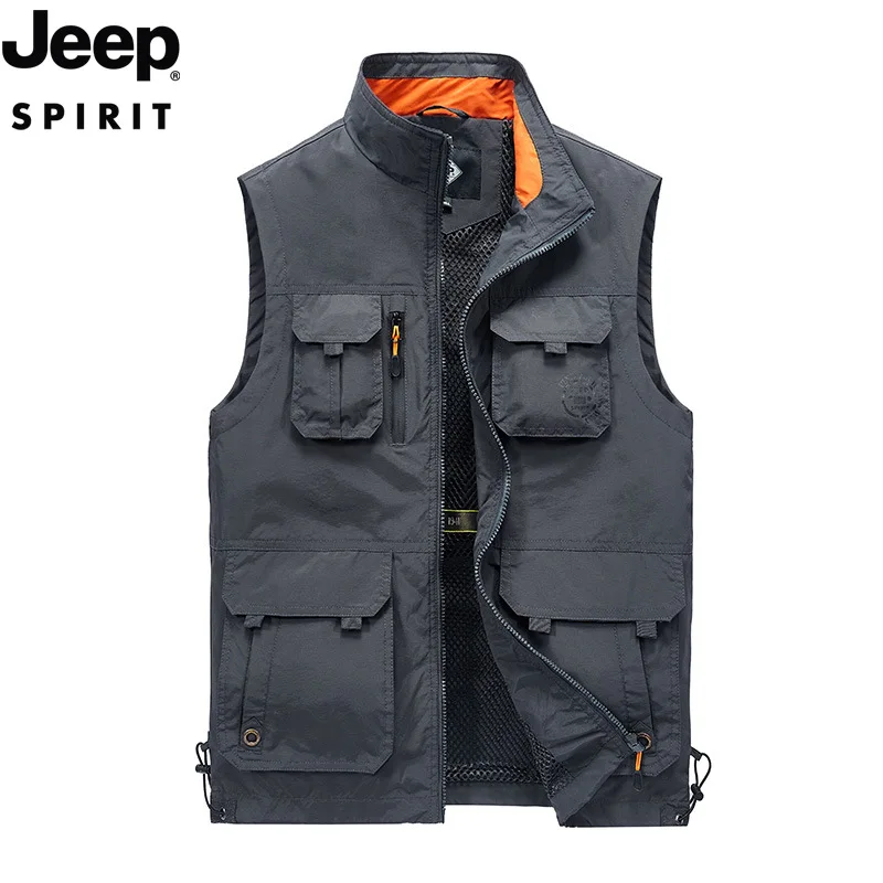 

JEEP SPIRIT men casual multi-pocket outdoor camping fishing vest coat photography tooling stand collar waistcoat thin jacket new