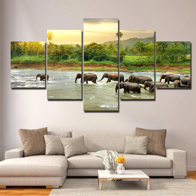 

5 Panels Animal Africa Elephant Family Canvas Painting Posters and Prints Wall Art Pictures Living Room Home Decor No Frame