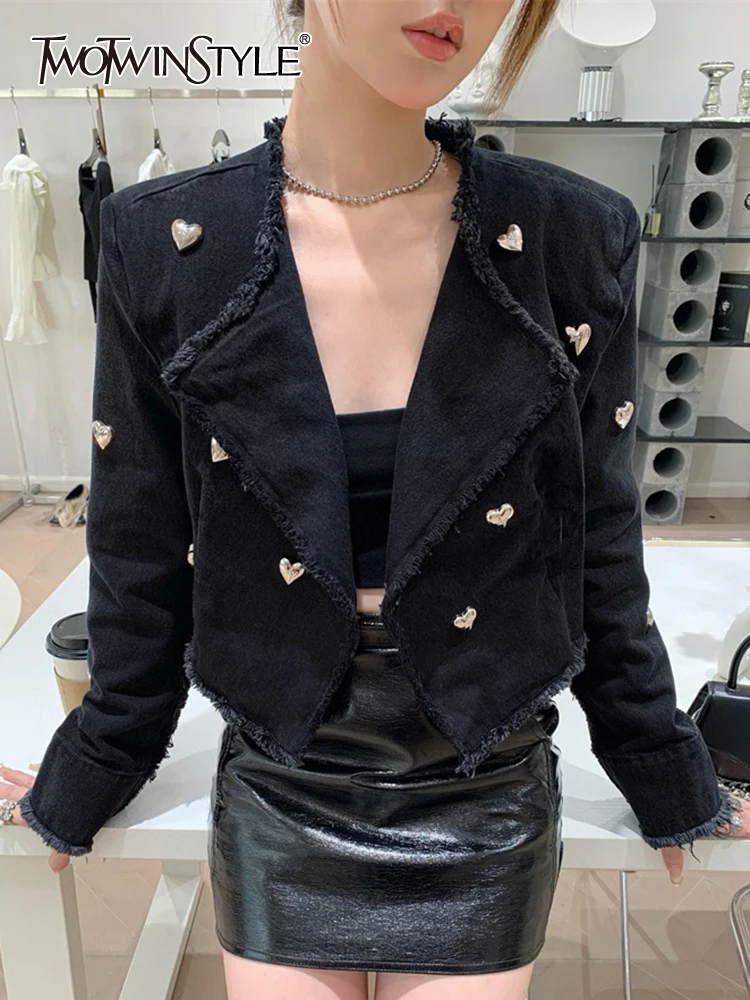

TWOTWINSTYLE Solid Patchwork Love Rivet Denim Jackets For Women Lapel Long Sleeve Raw Hem Casual Jacket Female Fashion Clothing