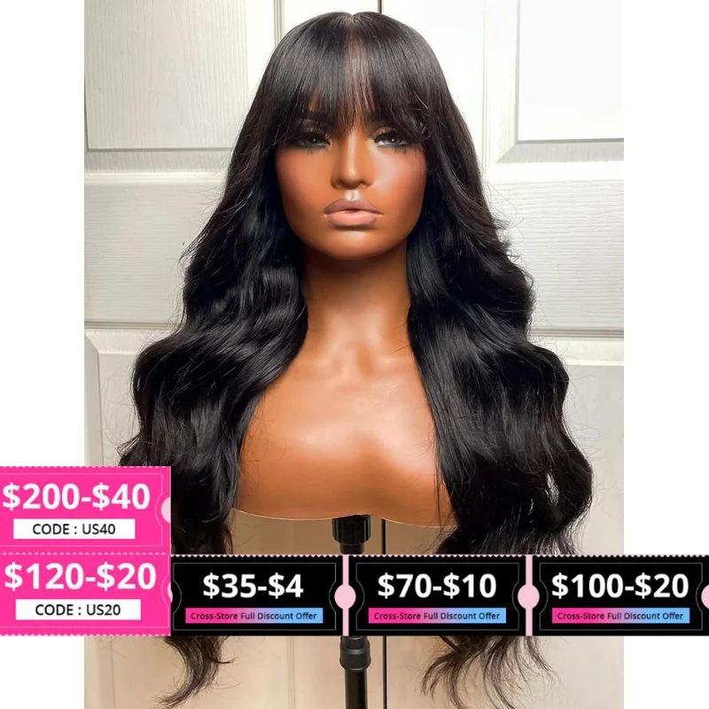 Fringe Wig Human Hair Body Wave Wigs With Bangs Brazilian Full Machine Made Wig With Bang Brazilian Virgin Hair For Black Women
