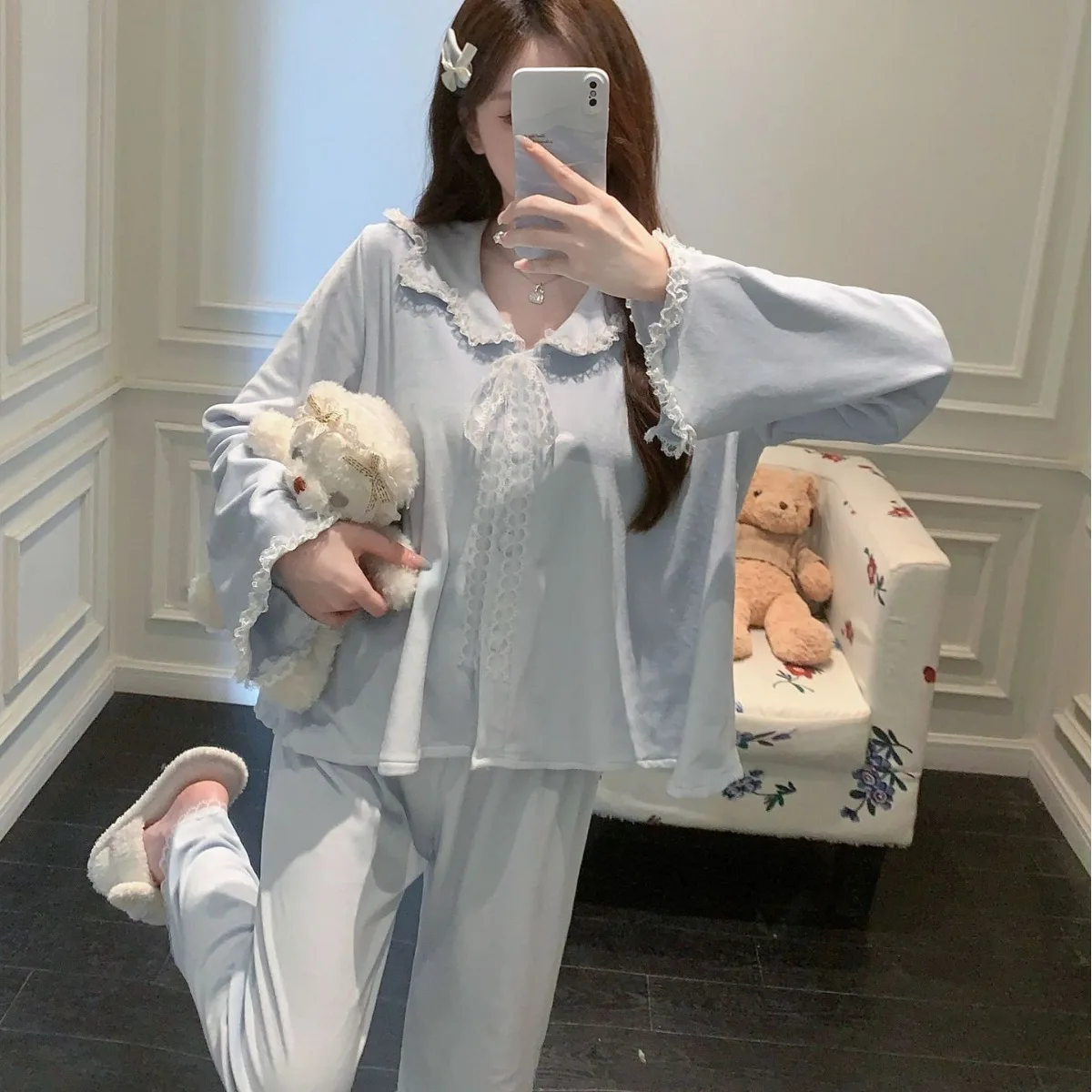 Утолщенные теплые женские островные бархатные пижамы осень-зима удобная