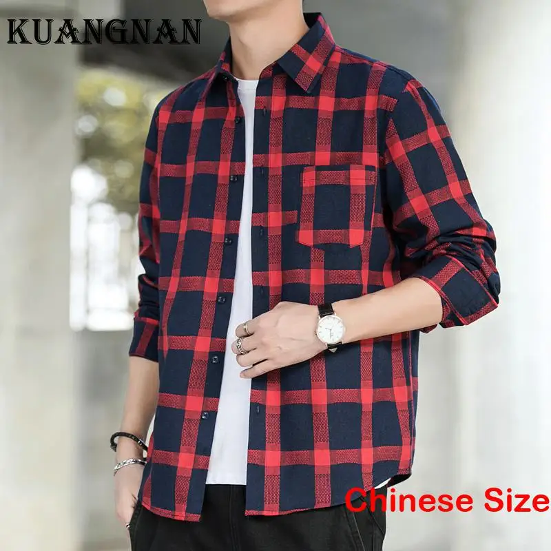 

KUANGNAN Plaid Shirts Men's Clothing Luxury Shirt Man Economic Blouses With Free Shipping Long Sleeve Top Clothes Tops Work 2XL