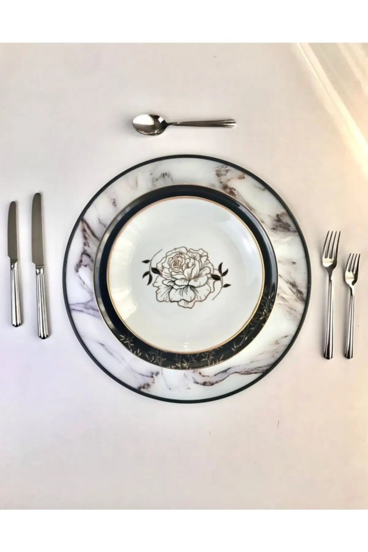 

Luxury Round Placemat White Glass Black Gold Feather Pattern Digital Print on Glass Flat Plate Dining Base Tray Tableware 2pcs