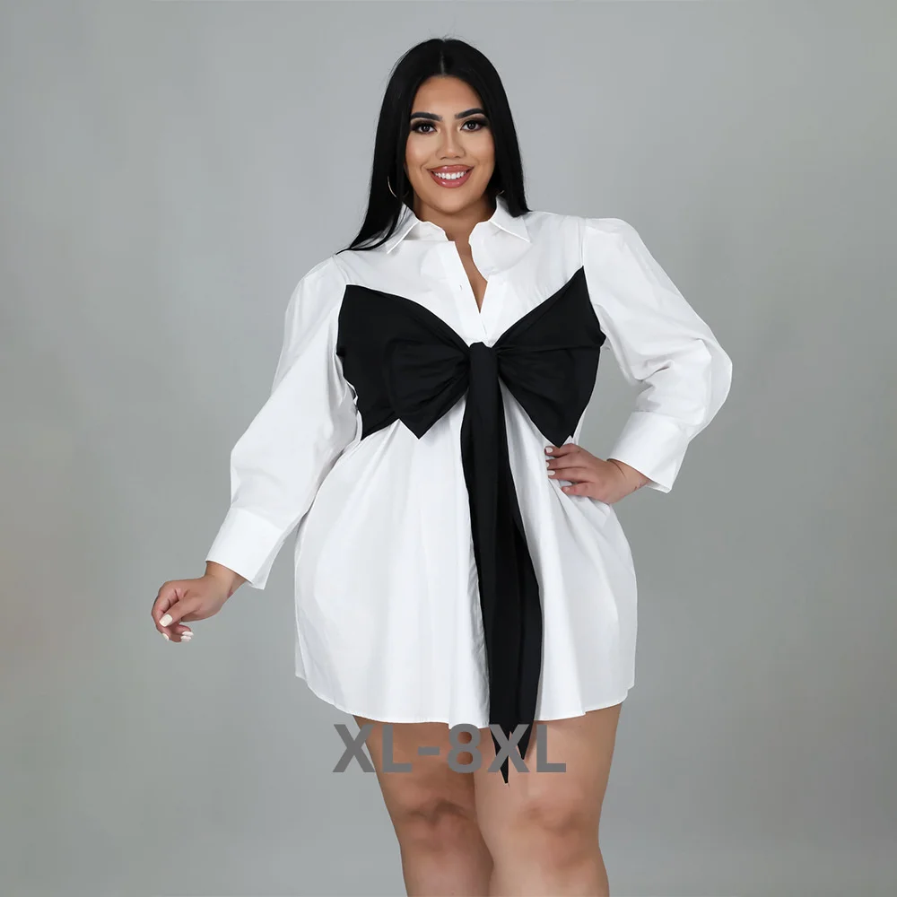 

Plus Size Women 5xl Dresses Bow Patchwork Loose Blouse Dress Autumn Evening Party Skirts Lady Fashion 3xl 4xl 5xl 6xl