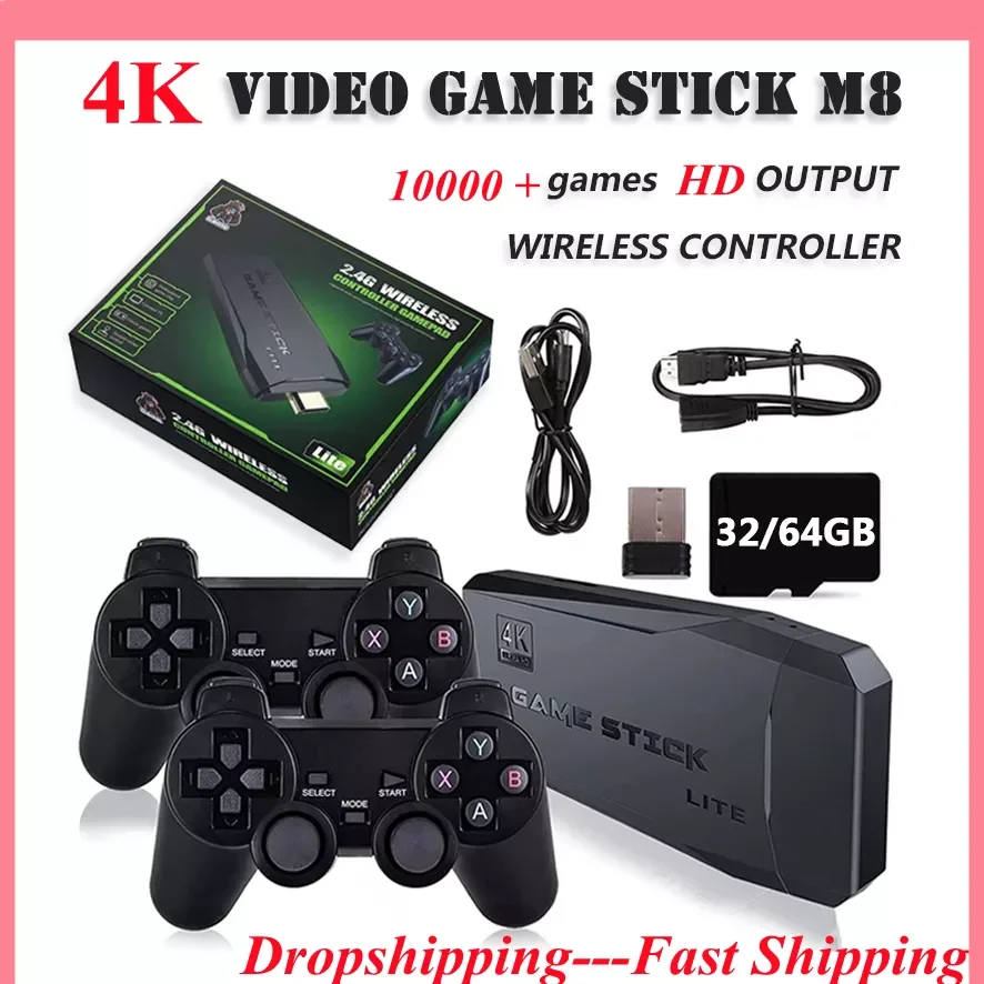 

Video Game Stick Console 2.4G Double Wireless Controller Game Stick M8 4K 10000 games 64GB Retro games For PS 1/GBA Dropshipping
