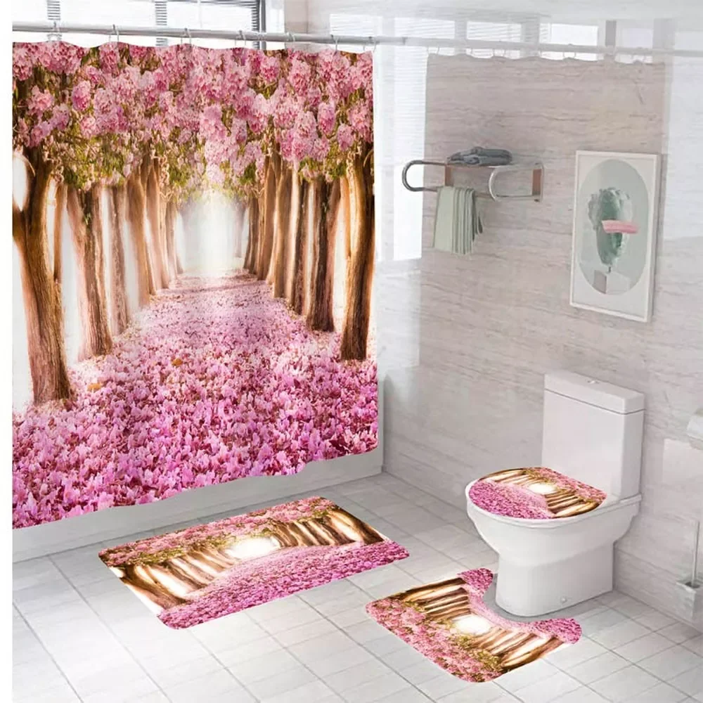 

NEW2023 Waterproof Bathing Shower Curtain Set with 12 Hooks Toilet Covers Bath Mat for Bathroom Non-slip Rug Carpet Bathroom Acc