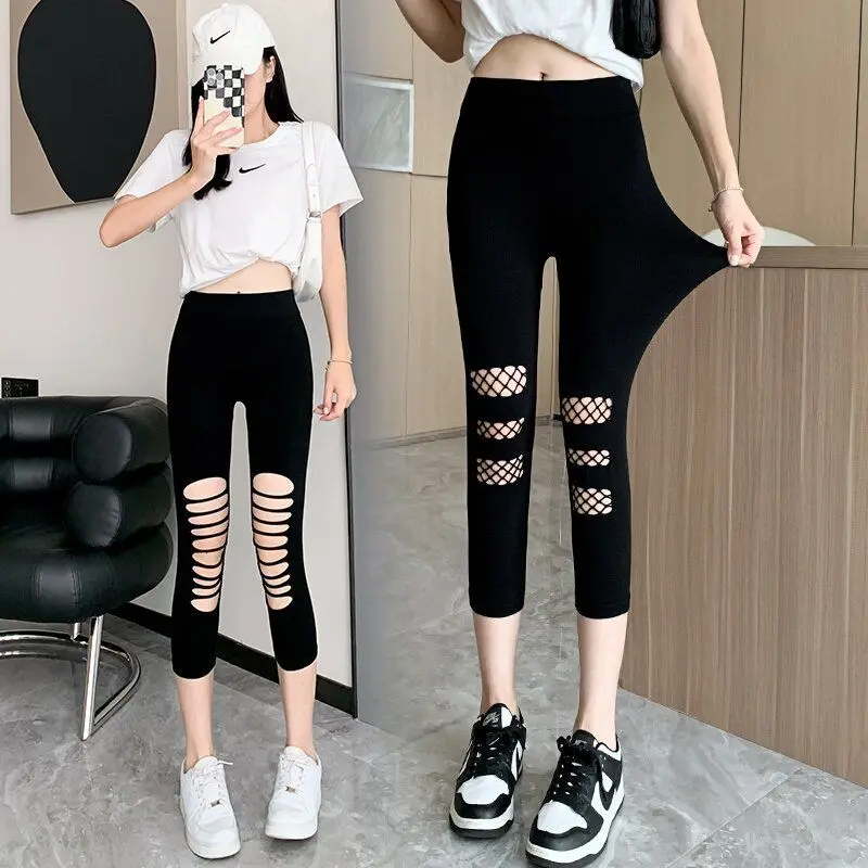 Leggings Women's Summer Thin Holes Mesh Elastic Large Size Fat MM Slim Slim Small Foot Pants Seven Pants Women Wear Outside