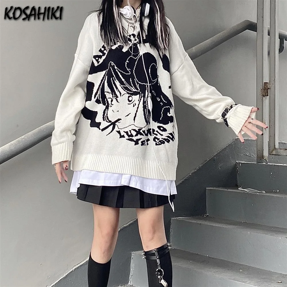 

Женские пуловеры в стиле Харадзюку из жаккардовой трикотажной ткани Y2K, женский свитер свободного кроя в японском стиле, кавайные свитера, осенняя одежда 2023