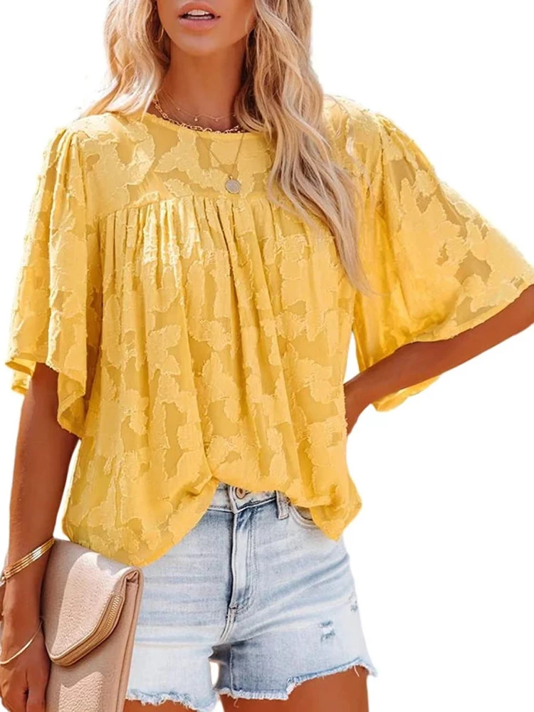 Womens Bell Sleeve Loose Pleated  Lace Cutout Chiffon Tops for Summer