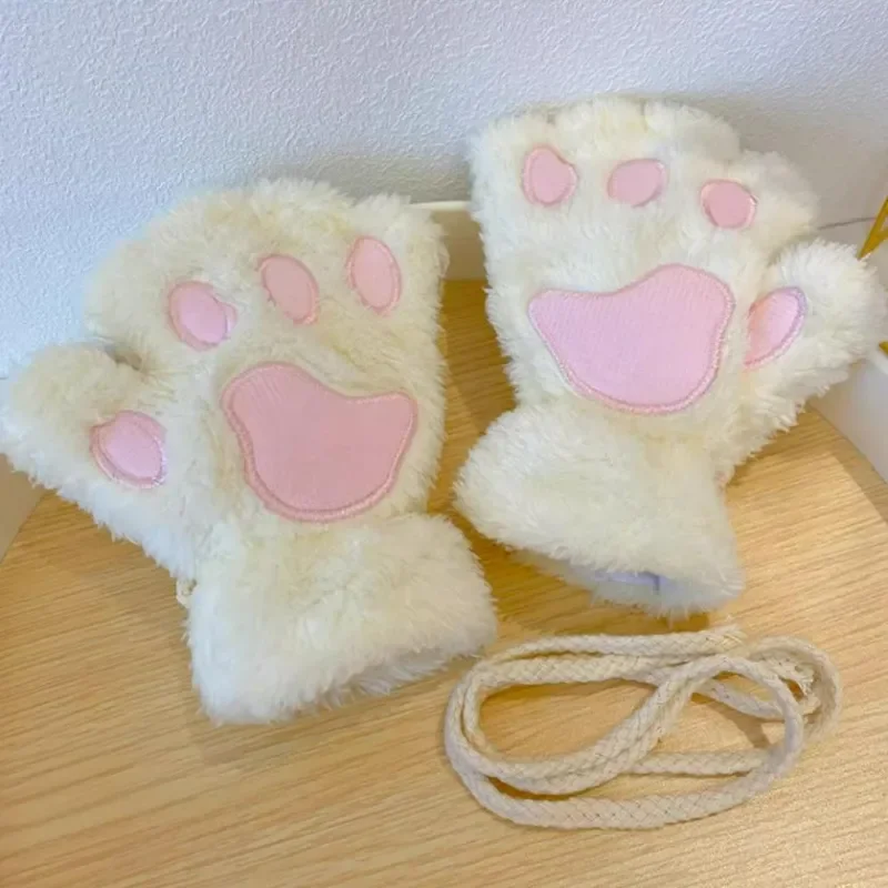 

Girls Cute Cat Paw Fluffy Claw Fingerless Gloves Warm Soft Plush Fingerless Panda Glove Half Finger Women Winter Christmas Gifts