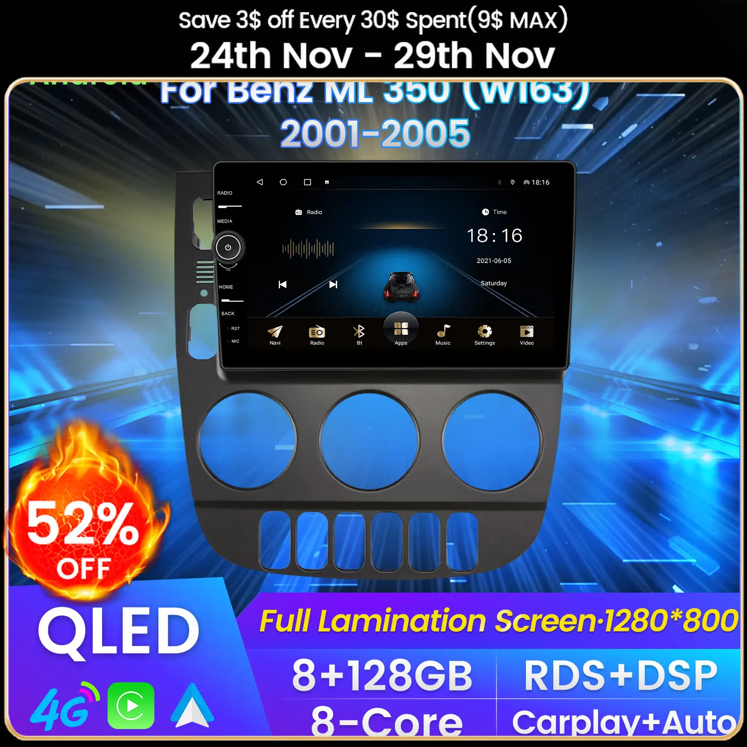 

2din QLED Car Player Navigation GPS Radio for Mercedes Benz M-Class W163 ML 350 2001-2005 DSP 4G LTE carplay 8G+128G cooling fan