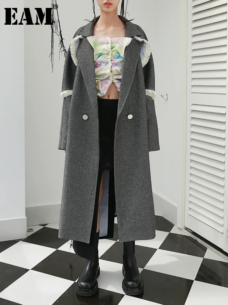 

[EAM] Loose Fit Big Size Tassel Lurex Long Woolen Coat Parkas New Long Sleeve Women Fashion Tide Autumn Winter 2023 1DD2167