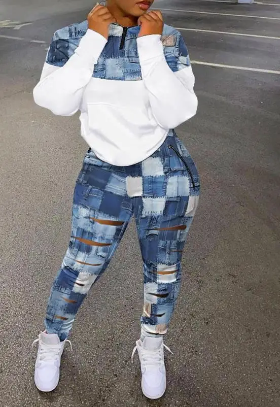 

2 Piece Set Women Outfit 2023 Spring Fashion Denim Look Print Turn-Down Collar Long Sleeve Top & Ladder Cutout Casual Pants Set