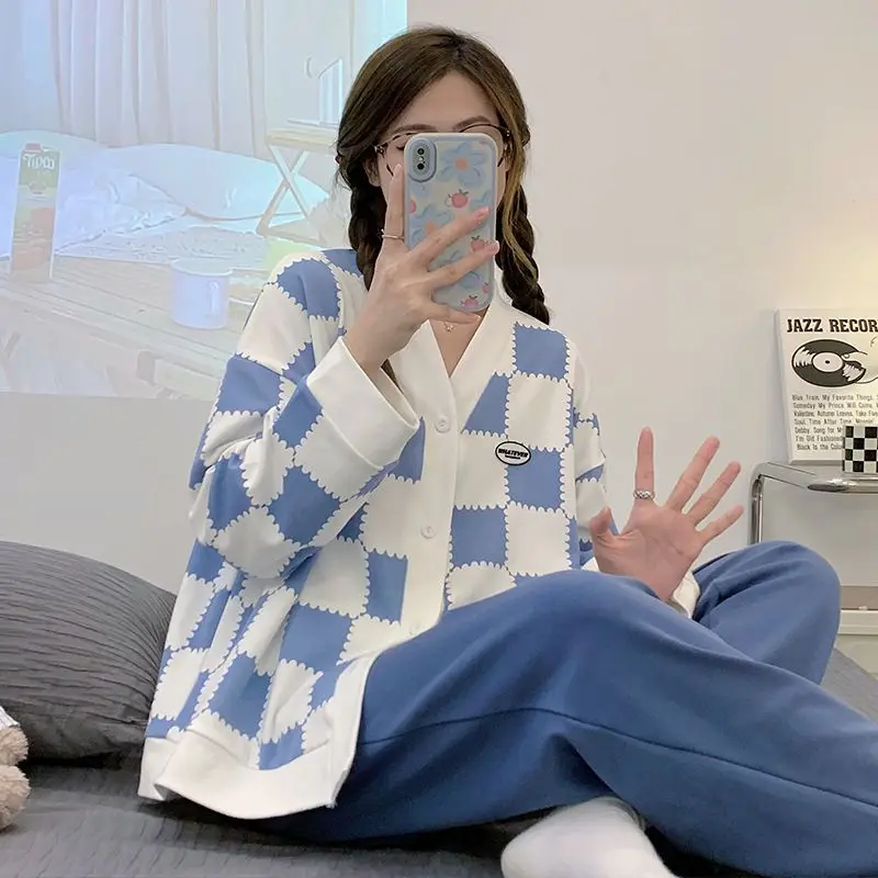 Yasuk Spring Autumn Fashion Women's Casual Soft Plaid Sleepwear Homewear Pajamas Set With Pants Sweet Lovely Girl Blue