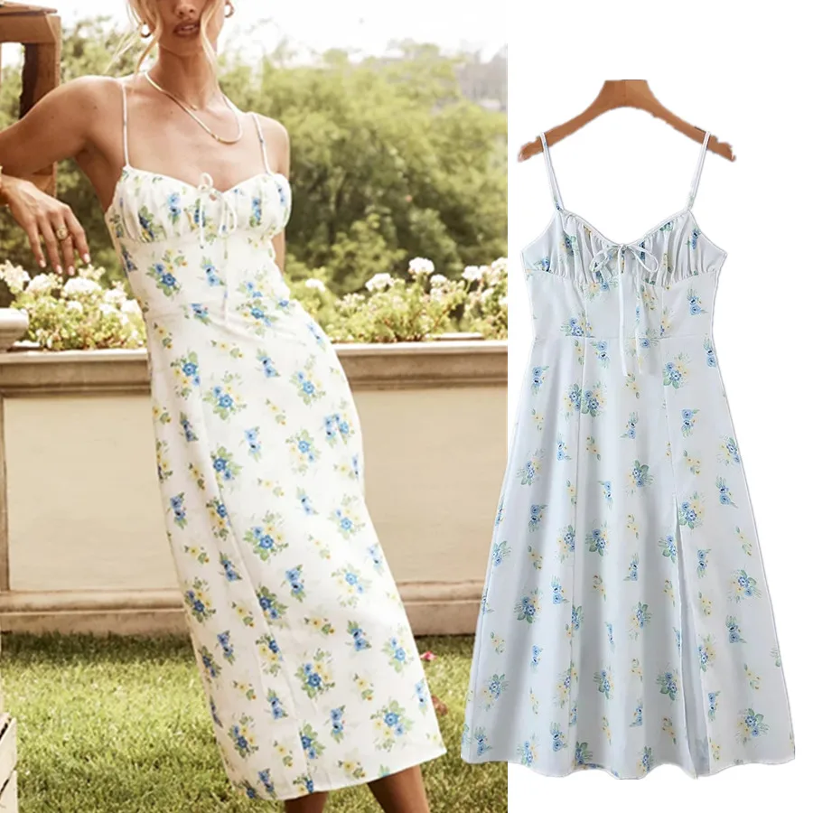 

Maxdutti Indie фольклорный цветочный принт спагетти без бретелек сексуальное пляжное платье Vestidos Forking платье 2022 новая весенняя мода платье для же...