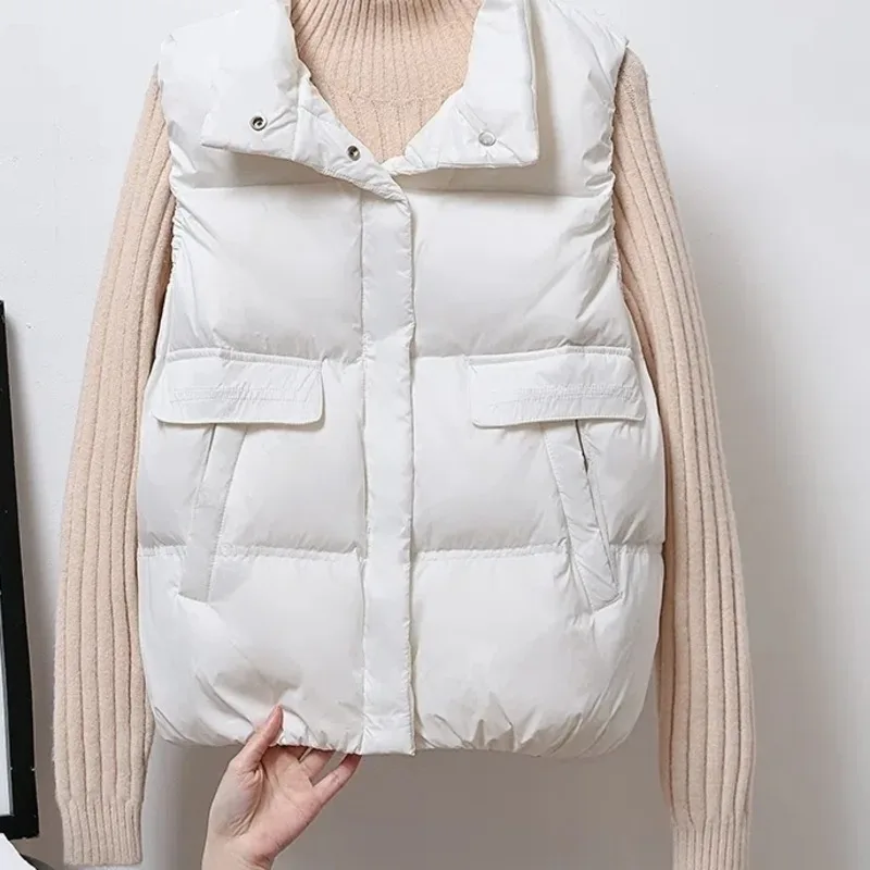 

Женский однотонный жилет с воротником-стойкой, повседневный теплый жилет без рукавов, модное свободное шикарное пальто на белом утином пуху в Корейском стиле, зима-осень 2023