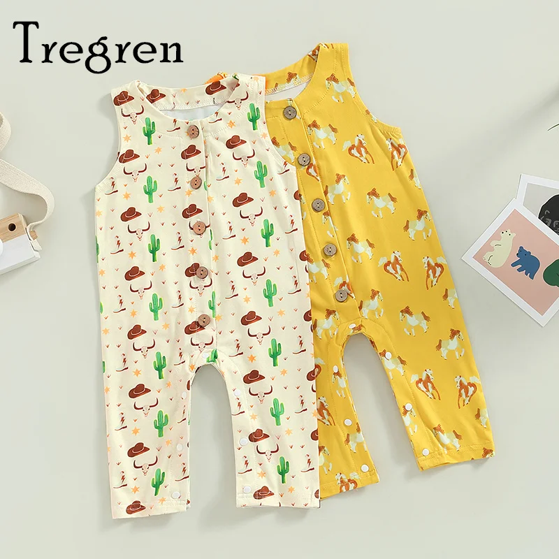 

Tregren Infant Baby Boys Girls Jumpsuit Summer Sleeveless Crew Neck Cactus/Horse Print Button Closure Romper For 0-24Months