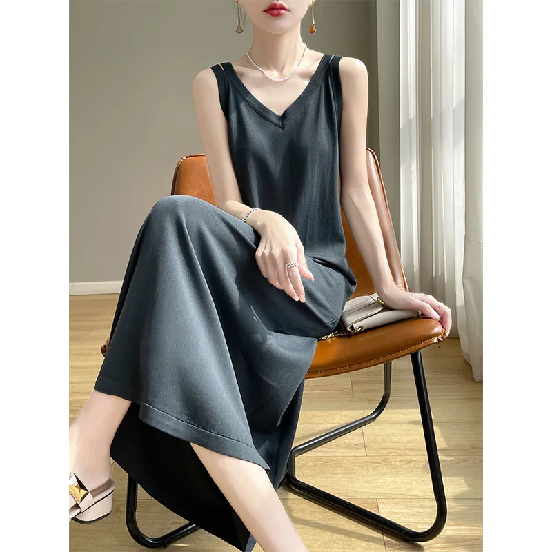 Вязаные платья на бретелях летнее женское вязаное длинное платье без рукавов