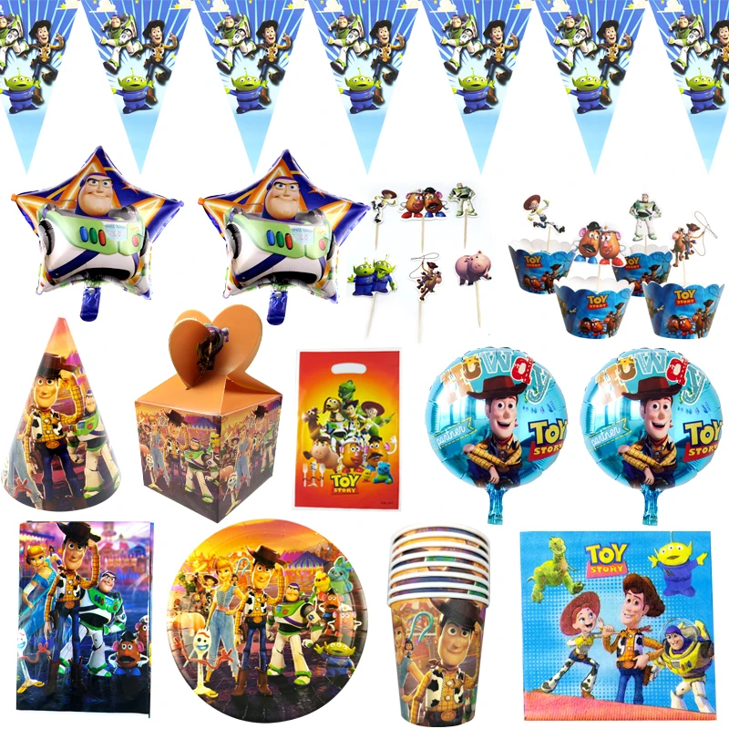 

Toy Story Theme Birthday Party Napkins Plates Cups Tablecloth Flags Decorate Balloons Loot Bags Cake Toppers Hats 125pcs/lot