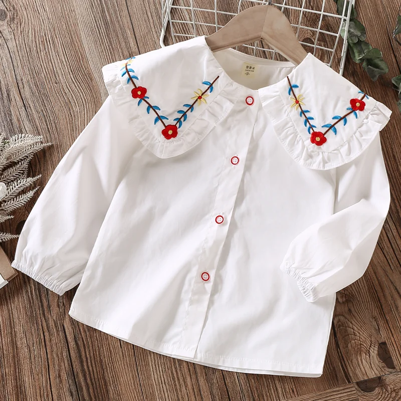 

Baby Girls Shirts Toddler Girls White Blouses Kids Clothes Long Sleeve Cotton School Uniform Print Tops 2 3 4 5 6 7 8 Years