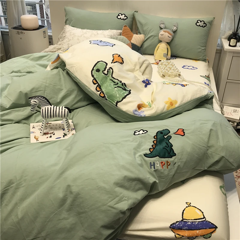 

Washed Cotton Embroidery Twill Green Fire-Breathing Little Dinosaur Dragon Bed Four-Piece Set 100% Pure Cartoon Print Warm