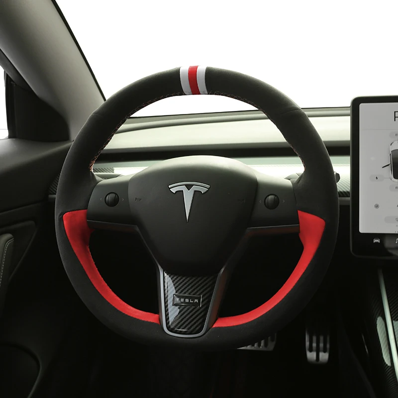 

Чехол на руль автомобиля, прошитая кожаная защитная накладка на руль, модифицированное украшение для Tesla Model 3, аксессуары для автомобильног...