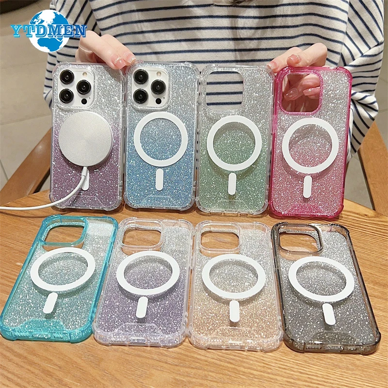 

Luxury Magnetic For Magsafe Wireless Charge Phone Case For iPhone 14 13 12 11 Pro Max Plus Glitter Silicone Protection Cover