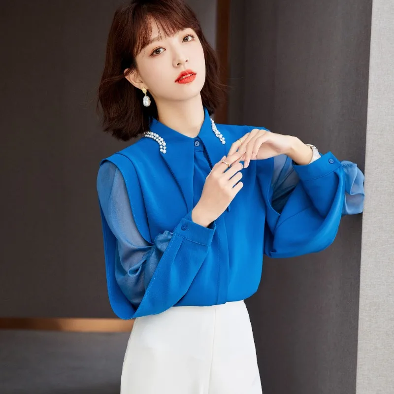 

Solid Women's Shirts Summer 2023 New Hollow Out Chiffon Blouses Loose Casual Long Sleeves Tops Polo Neck Clothing YCMYUNYAN
