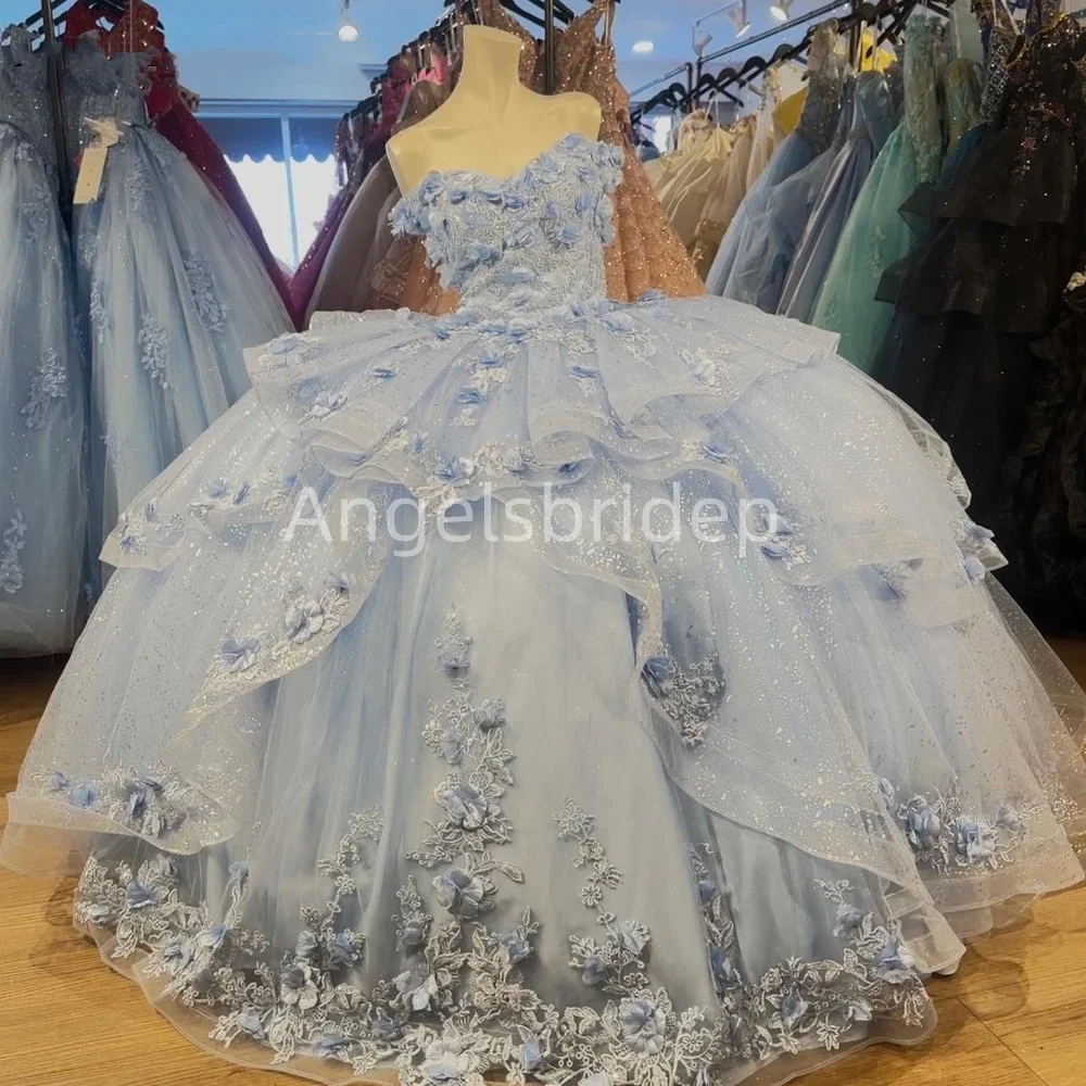 Angelsbride светло-голубое 3D бальное платье ручной работы с цветами платья Quinnceanera