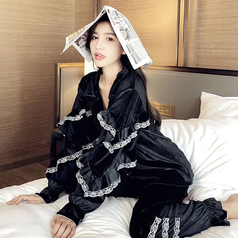 Women's Pajamas Autumn And Winter Thickened Fashionable Lapel Pajamas Long Sleeve Cardigan Suit Plus Size Household Suit