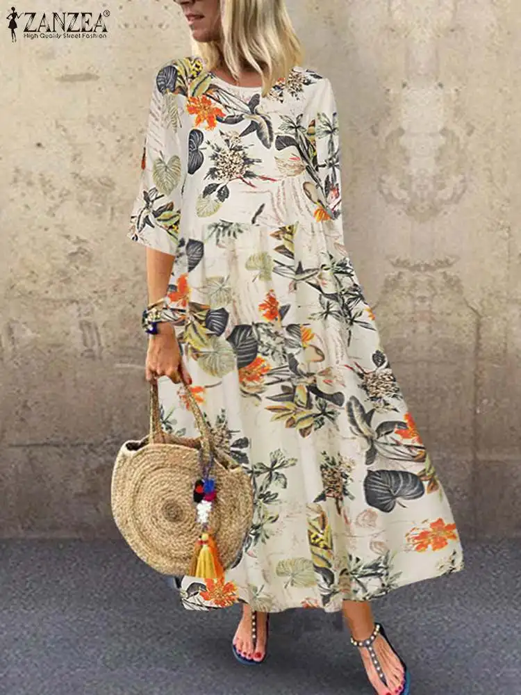 

ZANZEA Bohemian Elegant Casual Oversized Holiday Kaftan Dresses Summer Women Floral Printed Dress Femme Short Sleeve Sundress