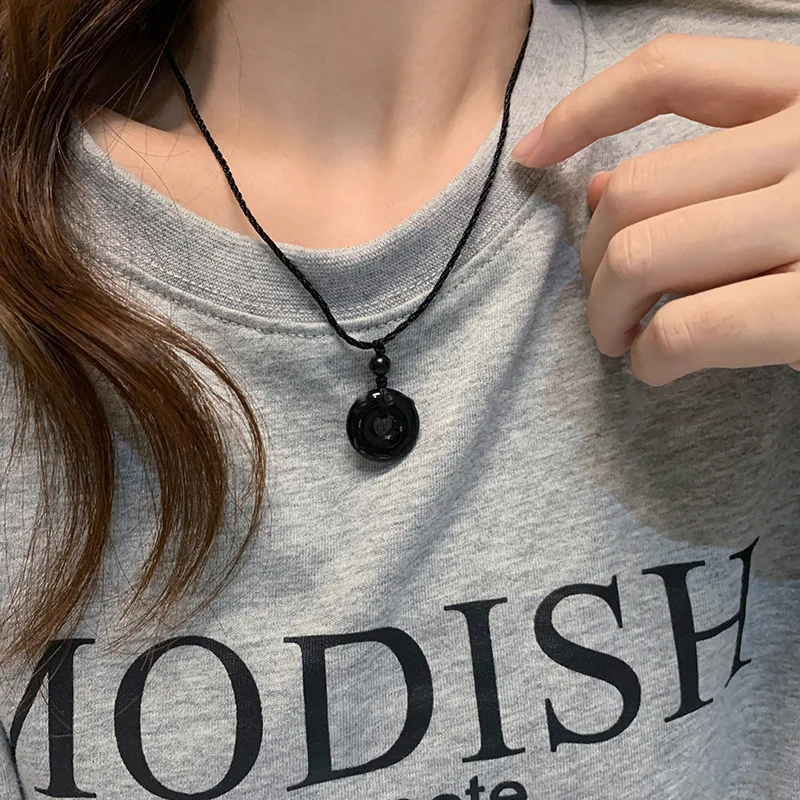 Регулируемое Ожерелье Из Черной Веревки с Агатовой безопасной кнопкой