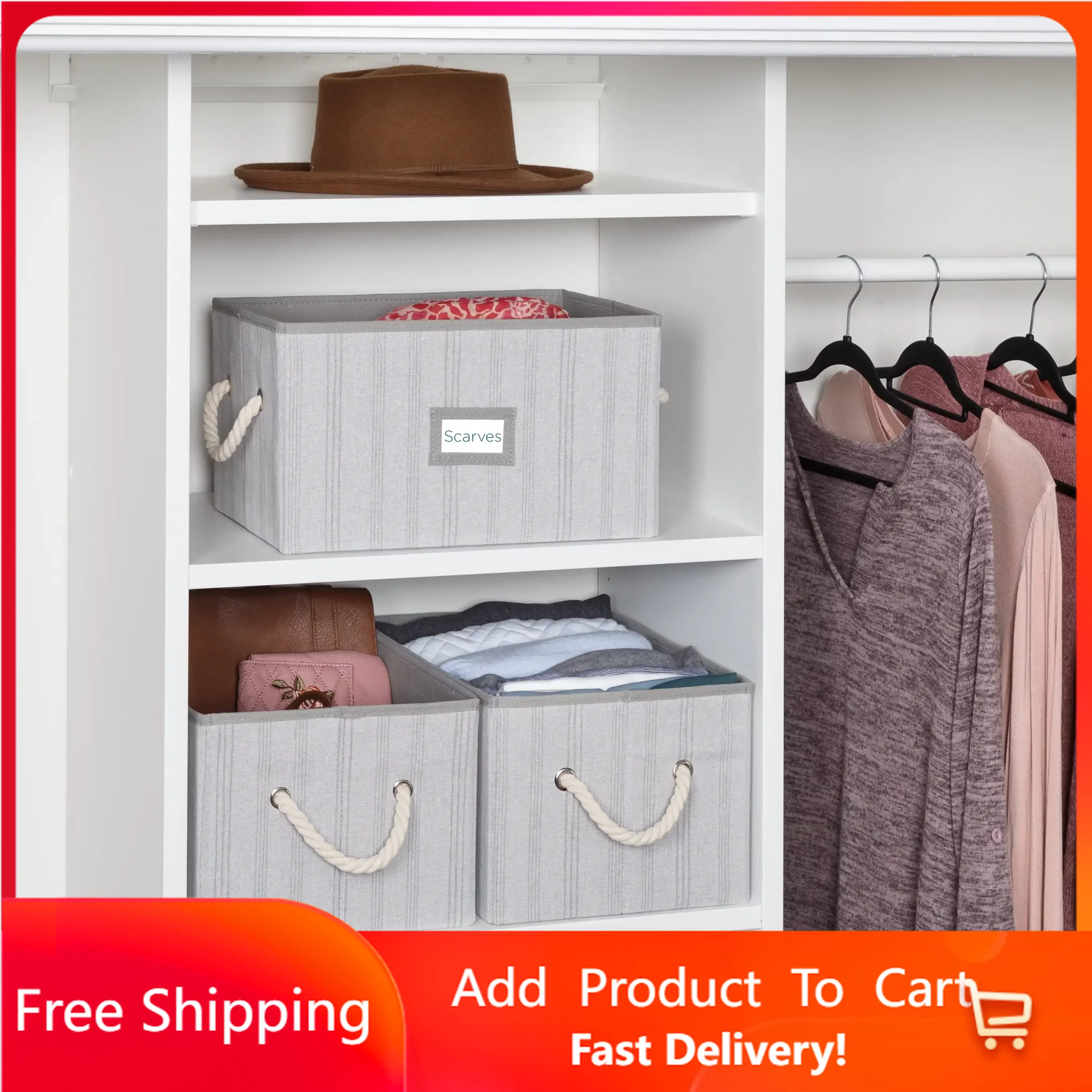 

Set of 3 Collapsible Large Fabric Storage Bins With Handles, Gray Stripes