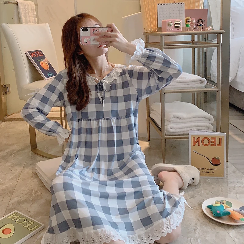 Women Nightgown Sleepwear O-neck Cartoon Print Long Sleeve Cute Sleepwear Girl Night Gown Female Sleeping Dress Lady Sleep Wear