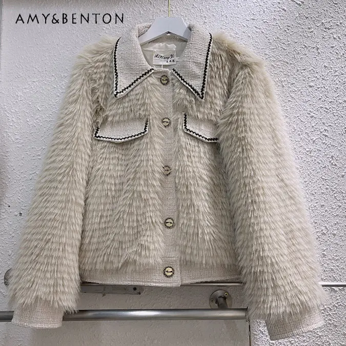 Autumn and Winter Woolen Patchwork Furry Imitation Coat for Women Small Coat Loose Versatile Short Top Fashion Trend Warm Jacket