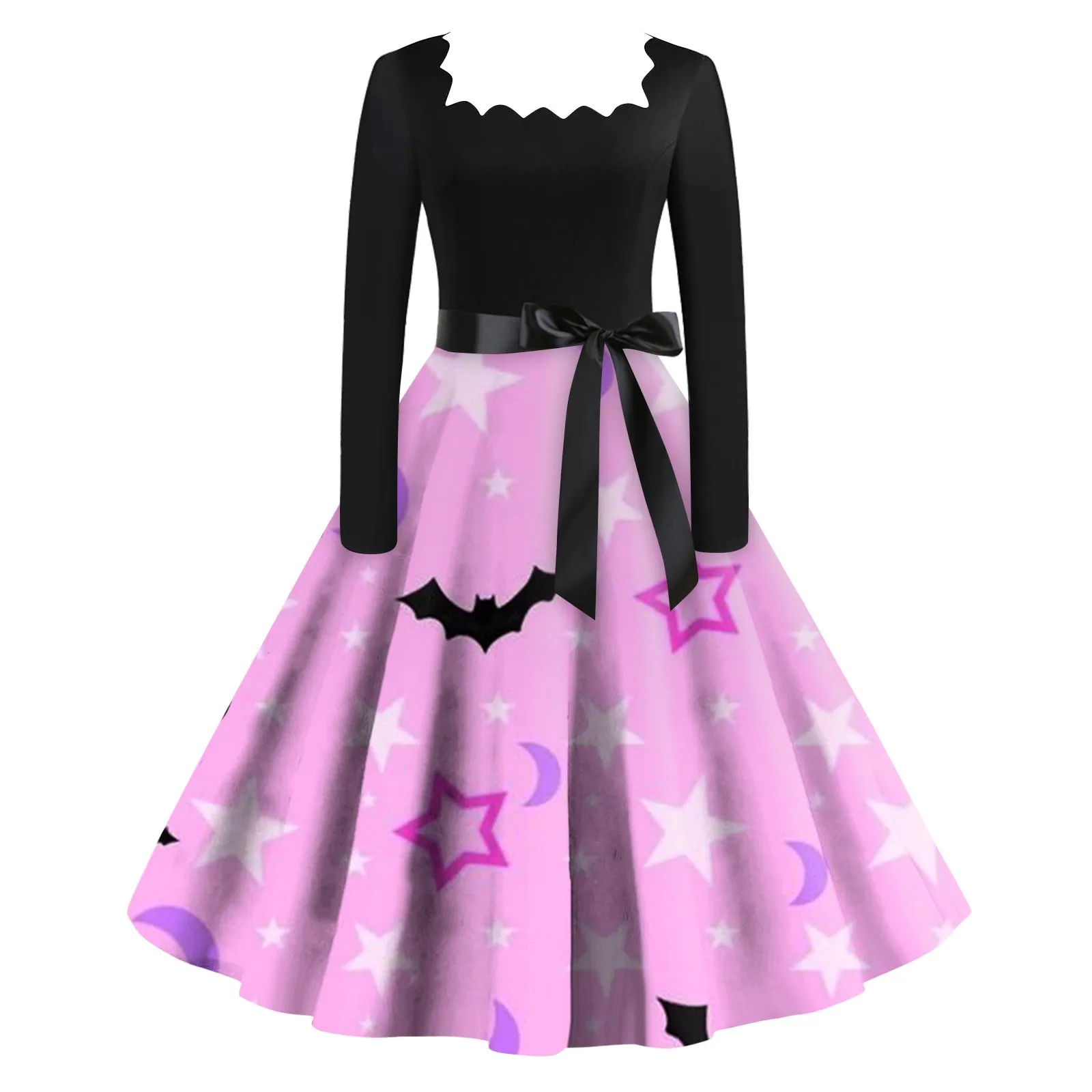 

Женское винтажное классическое платье, черное платье с длинным рукавом и широкой юбкой, винтажное готическое платье с 3D-принтом летучая мышь для Хэллоуина и праздников