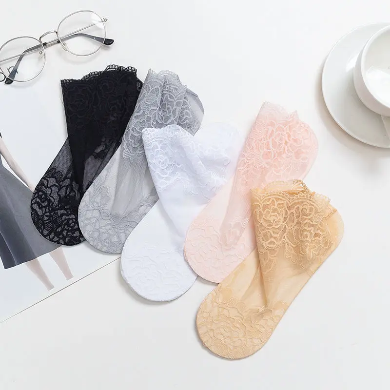 5Pair Cotton Women Lace Sock Summer Breathable Non-slip Shallow Boat Socks Lace Floral Invisible Socks Thin Short Sock for Women