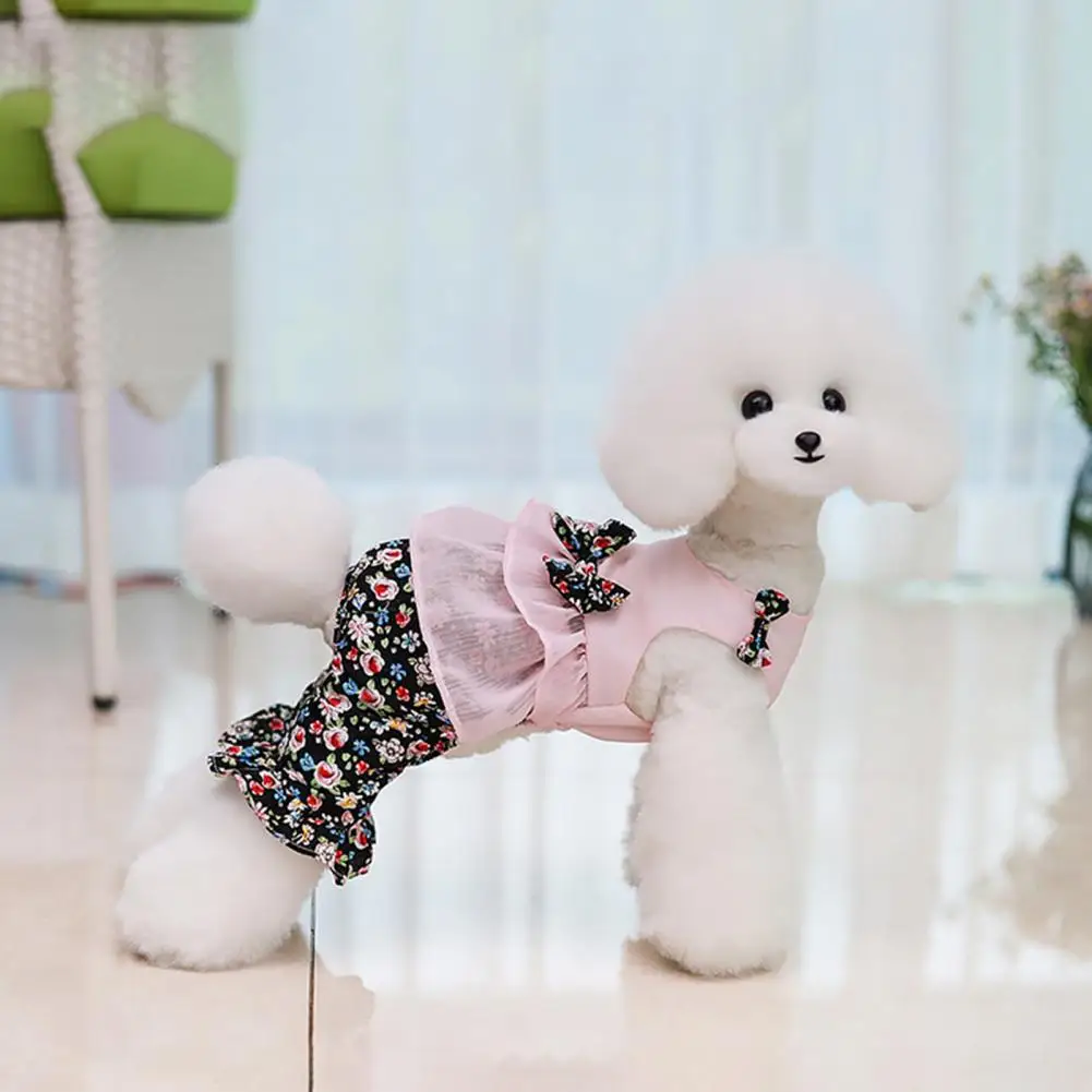 

Pet Romper Eye-catching Fine Workmanship Floral Printed Pet Bowknot Overalls Comfortable Pet Bodysuit Pet Supplies