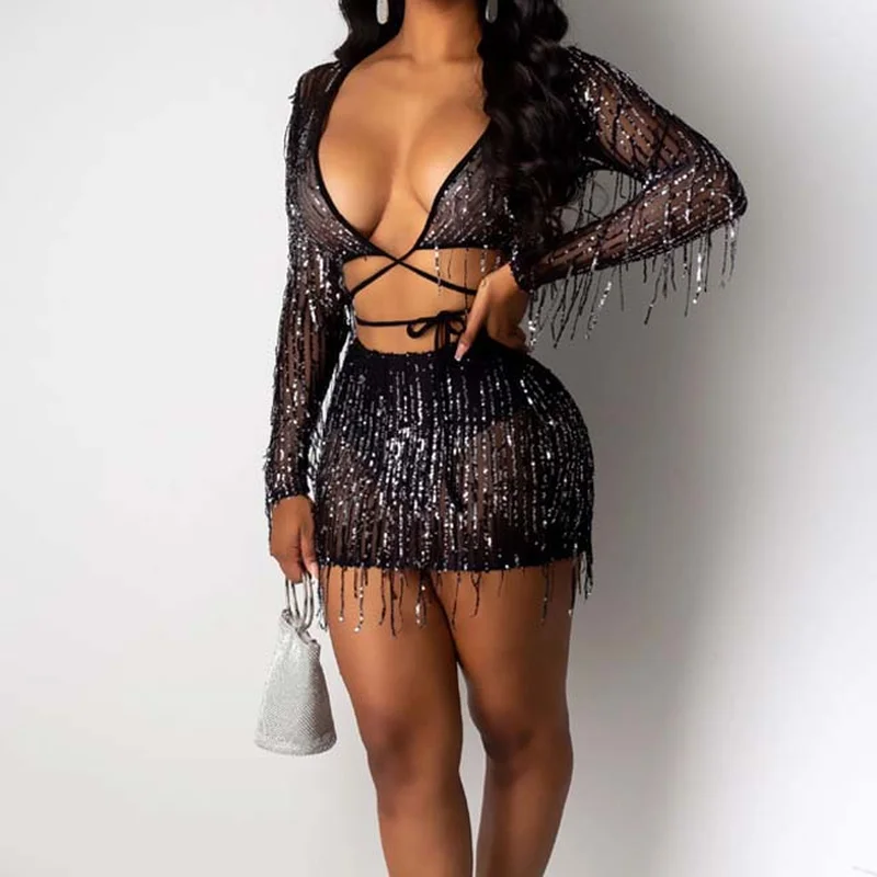 

Блестящая шикарная юбка с блестками, бандажный укороченный топ и юбка с высокой талией, черный женский спортивный костюм с бахромой и блест...