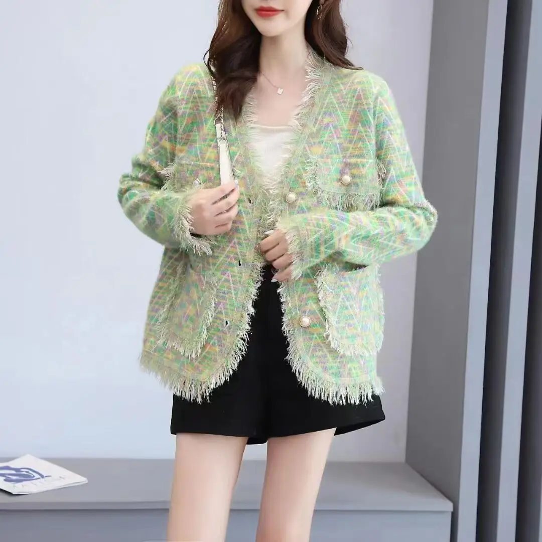 

Autumn and Winter Lazy Style V-neck Knitted Sweater Cardigan Korean Style Print Sweater Women Loose Knitted Fashion Autumn H67