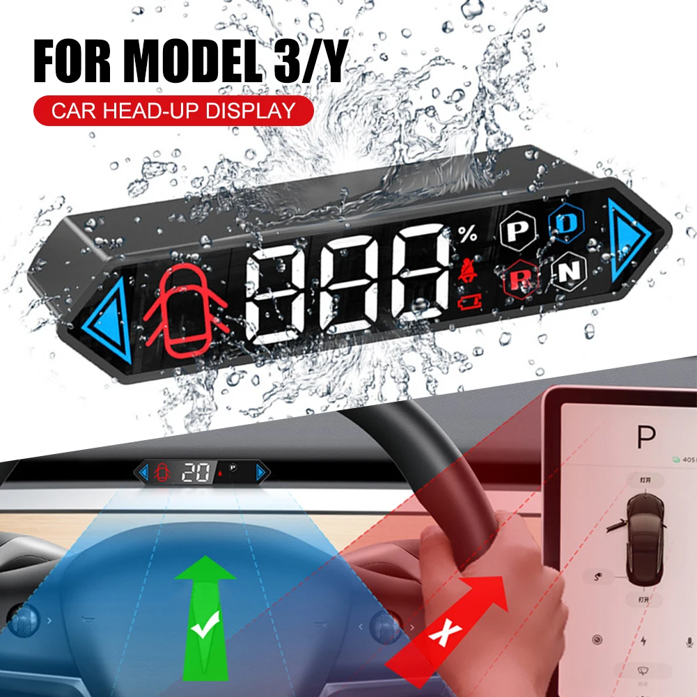 

For Tesla Model 3/Y 2019-2022 HUD Digital Head-Up Display Speedometer Gear Door and Safety Belt Reminder Battery Indicator