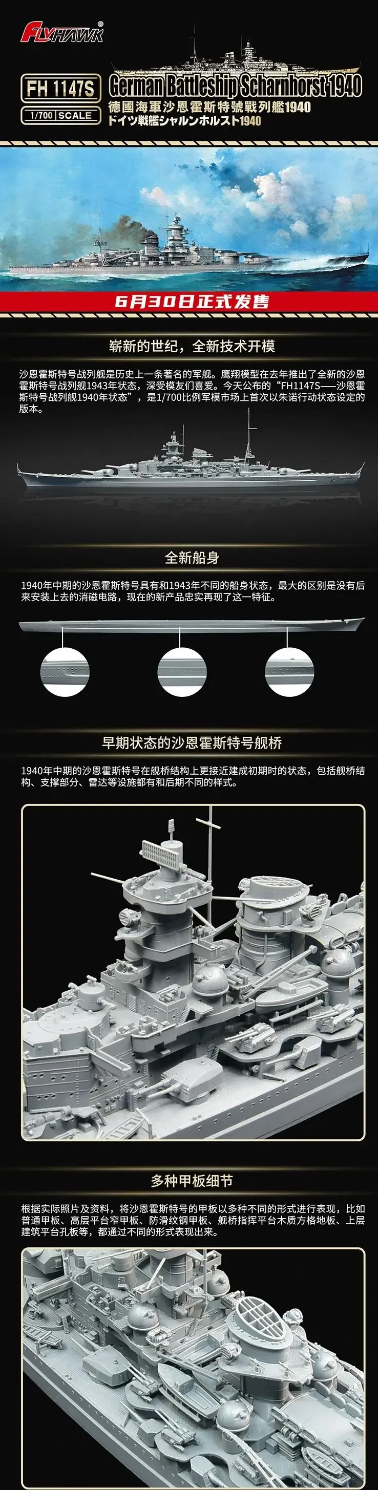 Flyhawk FH1147S 1/700 немецкий линкор Scharnhorst 1940 [Deluxe Edition] — комплект масштабной модели