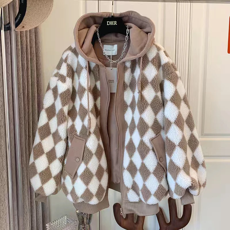 Winter Warm Retro Checkerboard Lamb Wool Coat Women's 2022 New Fashion Fluffy Short Plush Jackets Y2K Street Casual Hooded Coats