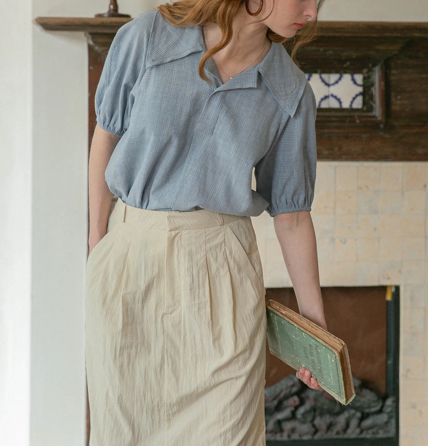 

French Temperament Puff Sleeve High Count Cotton Shirt Women Summer Loose Suit Collar Blue Short sleeve Top