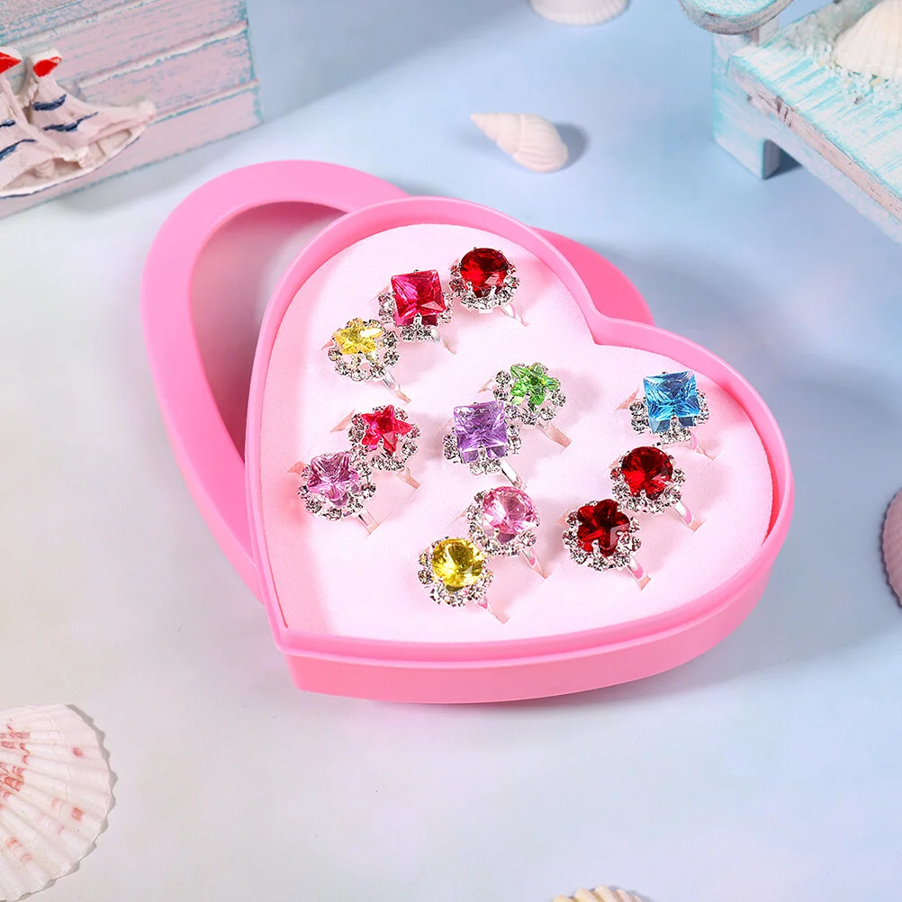 

24pcs Children Silver Zircon Rings Toys Sweet Rings Jewelry Girl Jewel Rings with Pretty Heart Shape Box (12pcs A Box)
