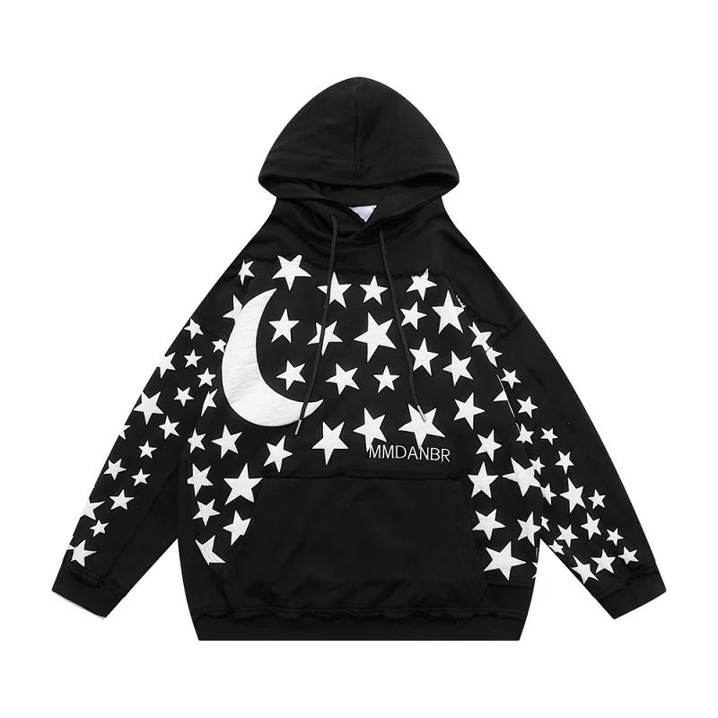 Star Moon Foam Print Sweatshirt Fashion Japanese Y2k Harajuku Streetwear Clothes Letter Embroidery Hip Hop Street Hoodie Sweater
